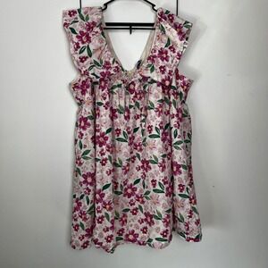 Arula Floral Ruffle Mini Dress Purple Pink Cotton Babydoll V-Neck Size B XXL